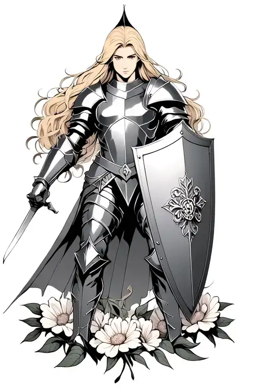 Elegant Knight With Long Blonde Hair Holding A Shield In An Anime Pose With Flowers At The Bottom