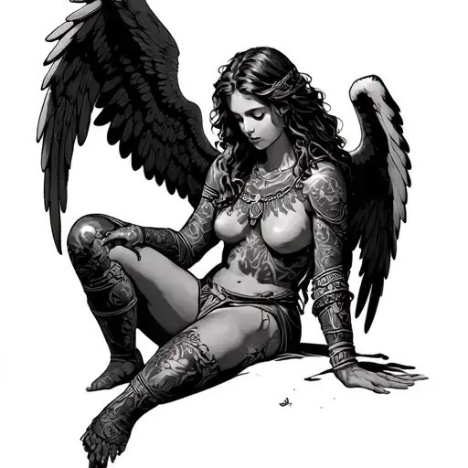 Warrior Angel Sitting Tired With Wings Reaching Up