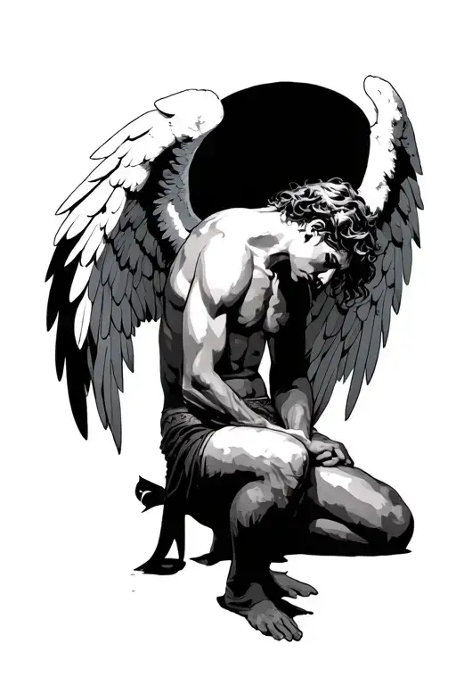 Warrior Male Angel Sitting With Arm On His Knees Tired With Wings Reaching Up And Head Bowed Down