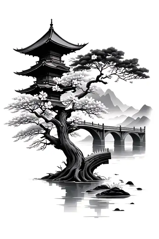 Temple Blossom Tree And Bridge