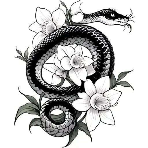 Chinese Snake Intertwined With Daffodils
