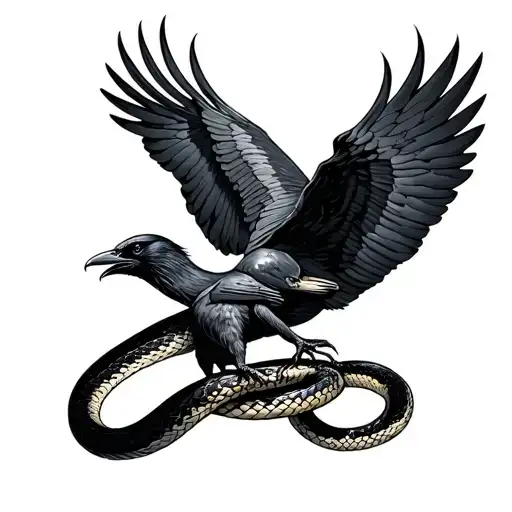 Snake Attacking A Raven Flying