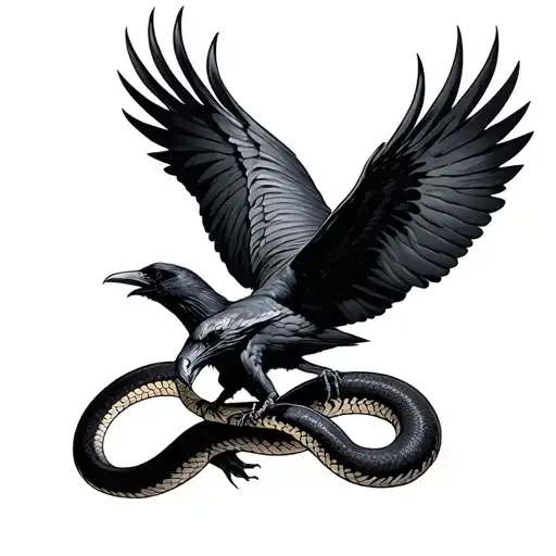 Snake Attacking A Raven Flying