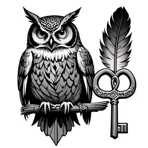 Owl Holding Peocack Feather And Key With Symbol Ankh Power And Grace For