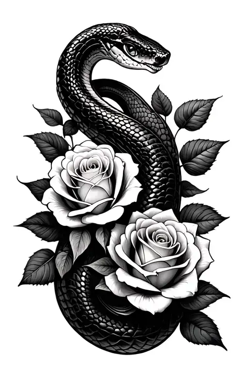 Happy Snake Mixed With White Roses Intertwined Representing Growth And Happiness