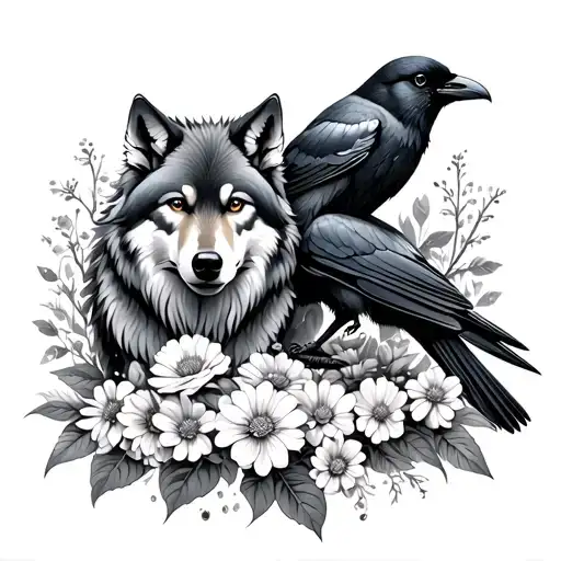 A Tranquil Garden Scene With A Wolf And Crow Peacefully Coexisting Among Blooming Flowers