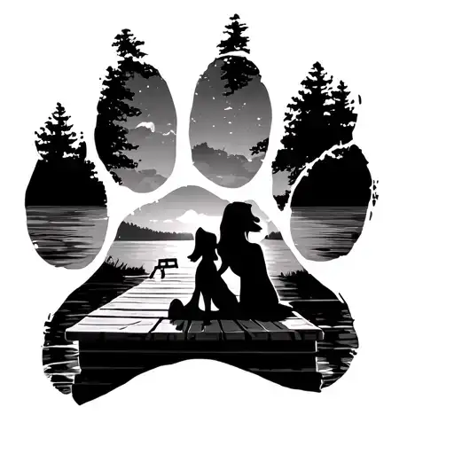 Dog Paw Print Outline With A Girl And A Dog Sitting On A Dock