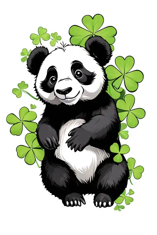 Panda With Chinese Scrne And Green Four Leaf Clovers