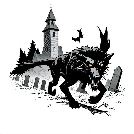 Black Shuck Running Through Graveyard With Small Church In The Background Line Art Style