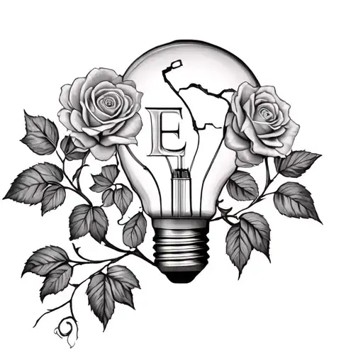 Small Broken Lightbulb With Roses Growing Out Of It And The Initals Eh Intertwined With The Stems
