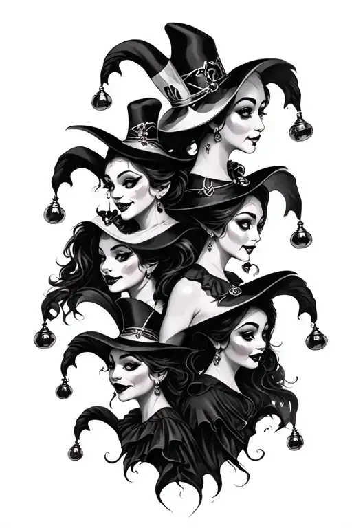 6 Demon Female Jesters Each With Different Hat Bells Half Sleeve Upper Left Arm