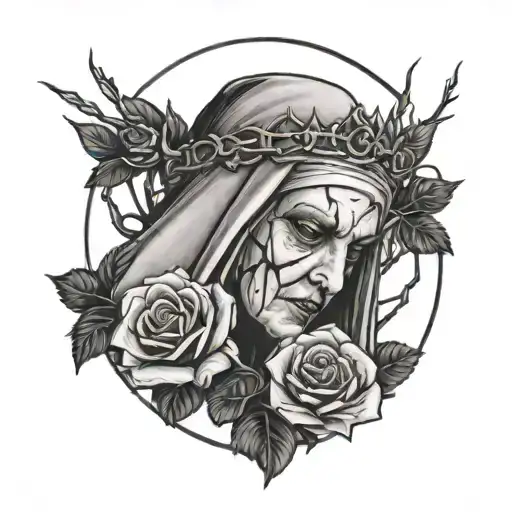 Tattoo Of A Nun With White Eyes And A Crown Of Thorns With Roses
