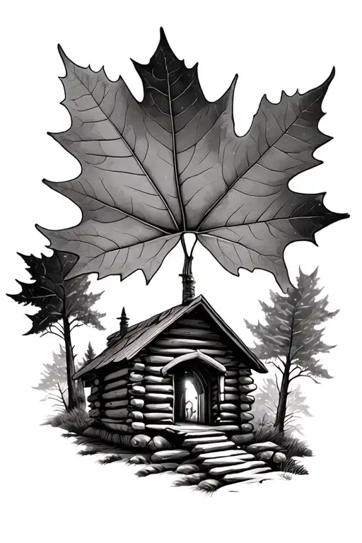 A Maple Leafe As A Frame And Inside A Log Cabin In The Woods