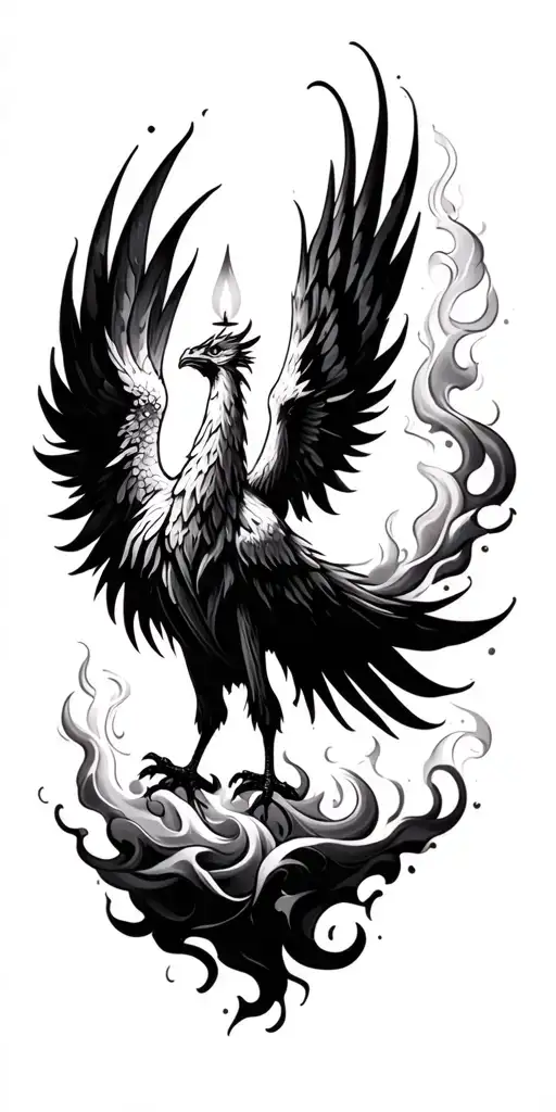 Sleeve Tattoo Of A Phoenix Rising With A Candle Light With Smoke Forming The Shape