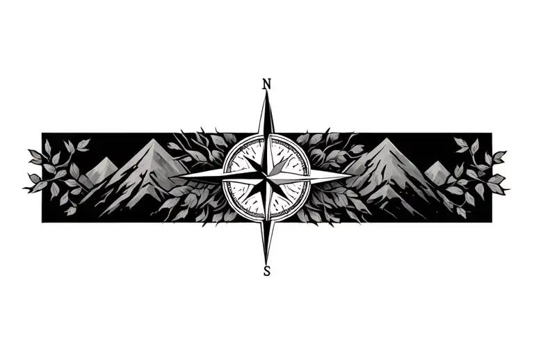 Compass Wrapped In Vines Surrounded By Intricate Geometric Mountain Range