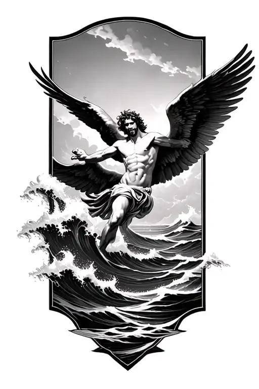 Icarus Falling From Sea And Waves And Cybersigilism On Bottom