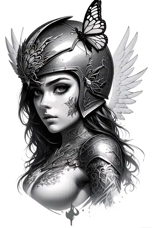 Sexy Less Detail Female Warrior With Helmet With Wings With Butterfly On Warrior Face