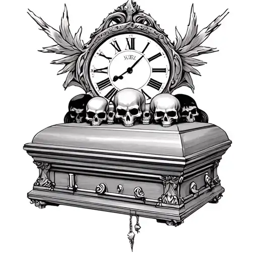 Casket With Skulls And Clock Above It