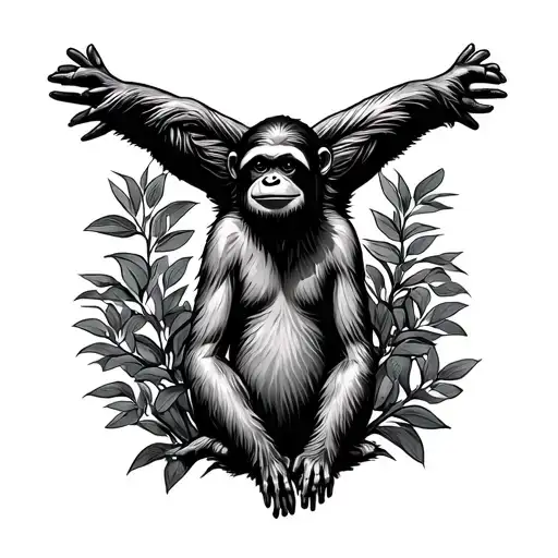 Sloth Hanging Above A Monkey Sitting In A Bush