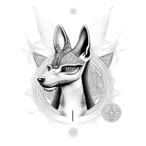 A Dotwork Design Of Anubis Surrounded By Ancient Egyptian Symbols Of Power