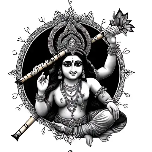 Krishna Flute And Gayatri Mantra Written Across