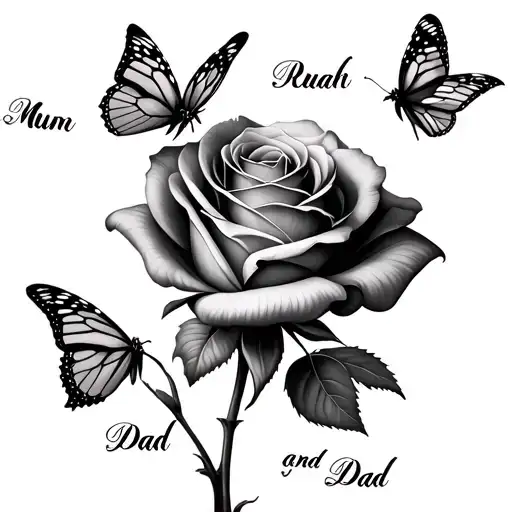 Rose With The Names Mum And Dad With Butterflys Flying