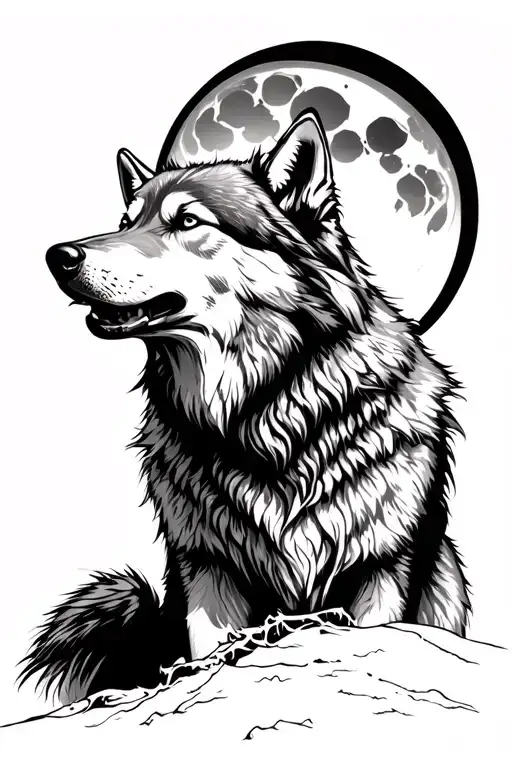 Realistic Gray Wolf Howling At Moon Tattoo Design