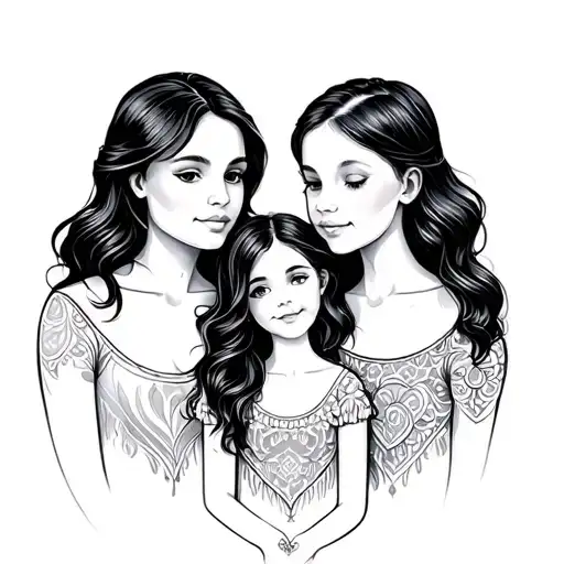 Fine Line Tattoo Based On Wife And 2 Girls Representing Family