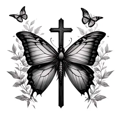 Dimensional Cross With A Realistic Butterfly Flying Towards It