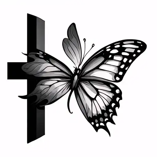 Simple Dimensional Cross With A Realistic Butterfly Flying Towards It