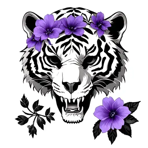 Realistic Tiger Skull With Black And Purple Flowers