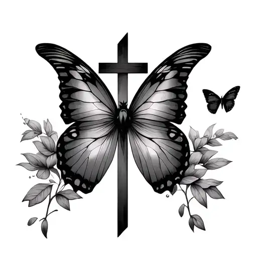 Simple Dimensional Cross With A Realistic Butterfly Flying Towards It