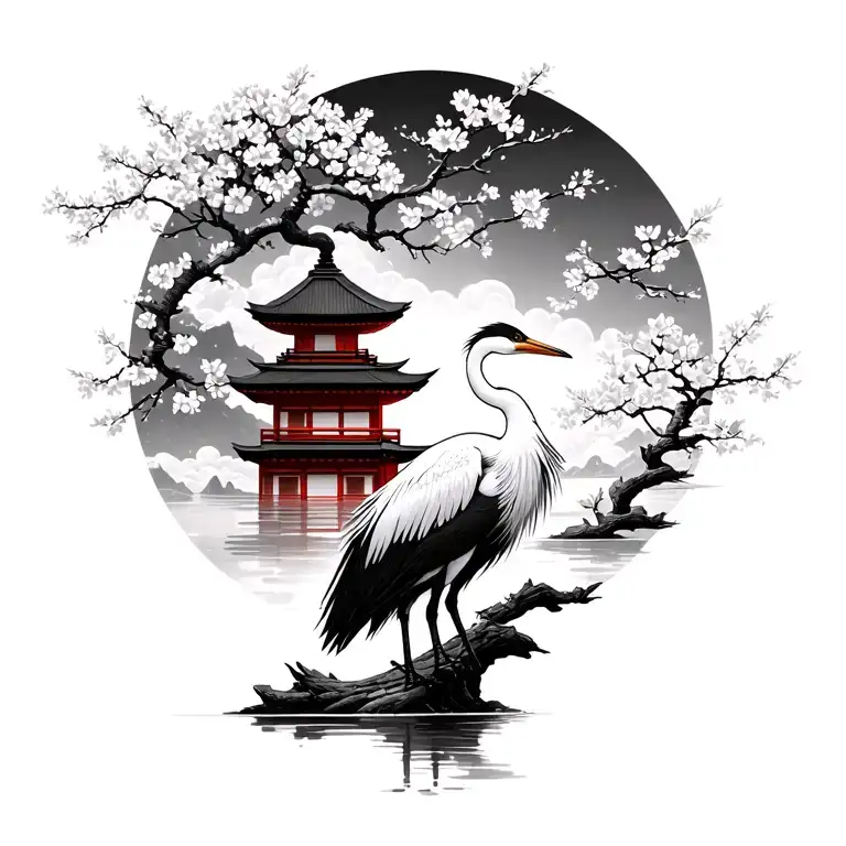 Japanese Temple Crane Water Cherry Blossom Tree