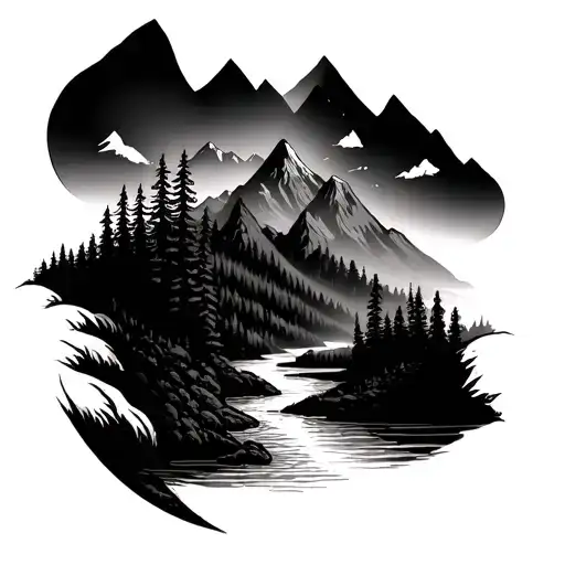 Trees Mountains And River Flowing Into A Sleeve
