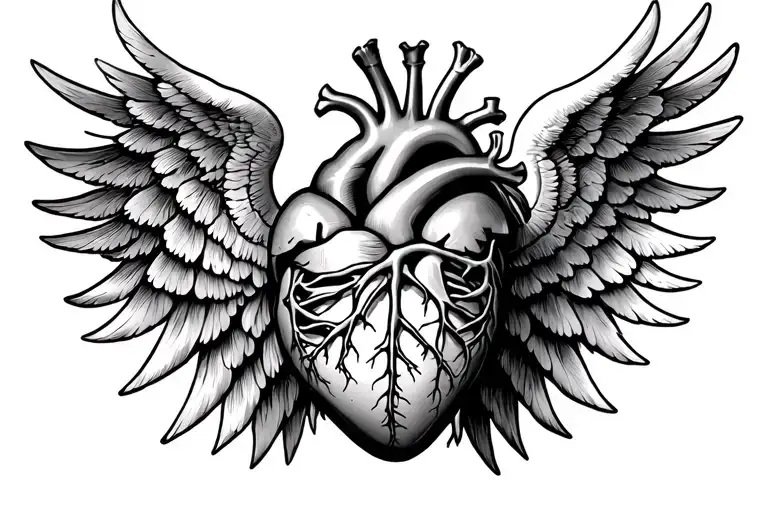 Anatomical Heart Surrounded By Spread Rib Cage Wings