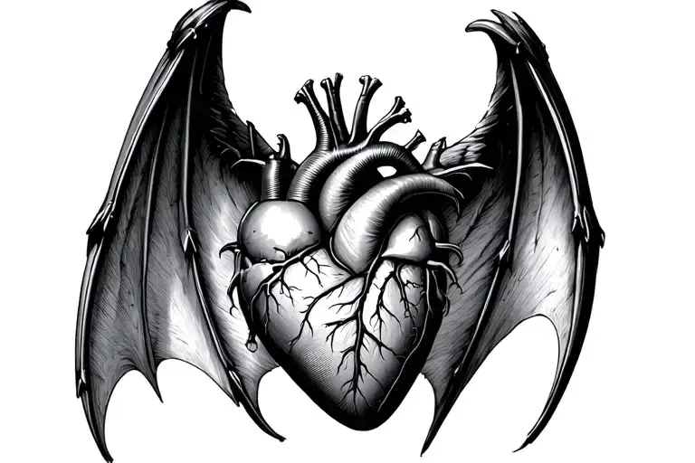 Anatomical Heart Surrounded By Spread Bat Wings