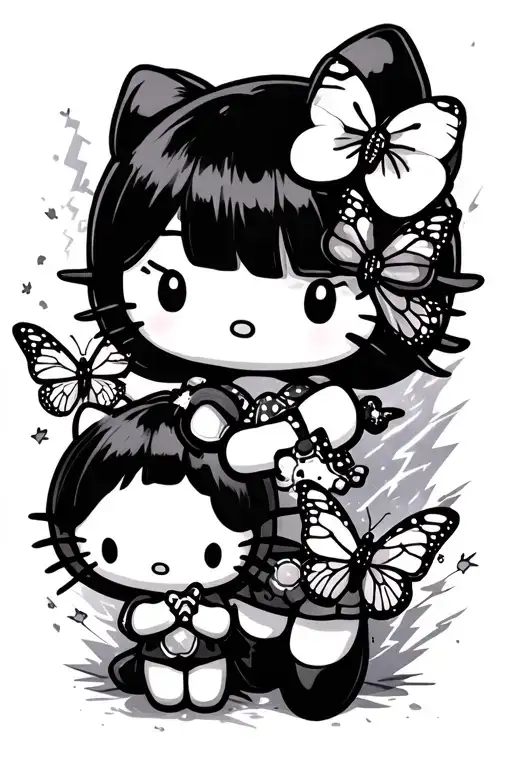 Kuromi And Hello Kitty With Lightning And Butterflies Leading To The Fingers