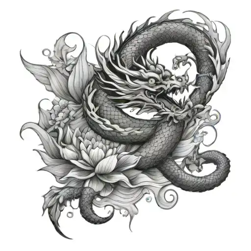 Chinese Dragon Flying With A Lotus Centered Behind
