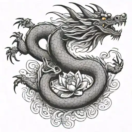 Chinese Dragon Flying Straight With A Lotus Behind It