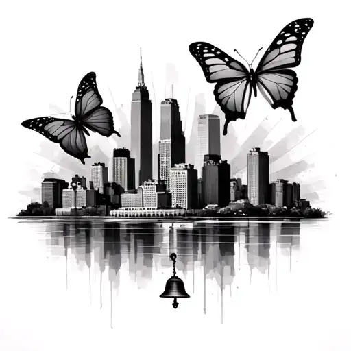 Collage With Milwaukee Skyline And Butterflies And A Small Bell