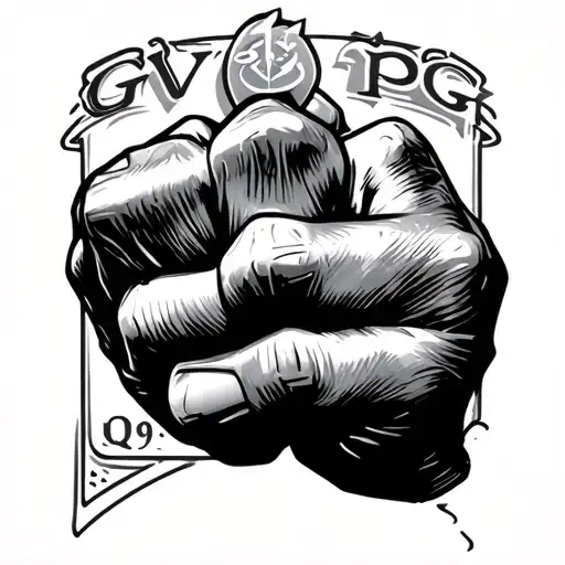 Folded Right Fist Upright With Initial Gvr Above It And Pcg Below It