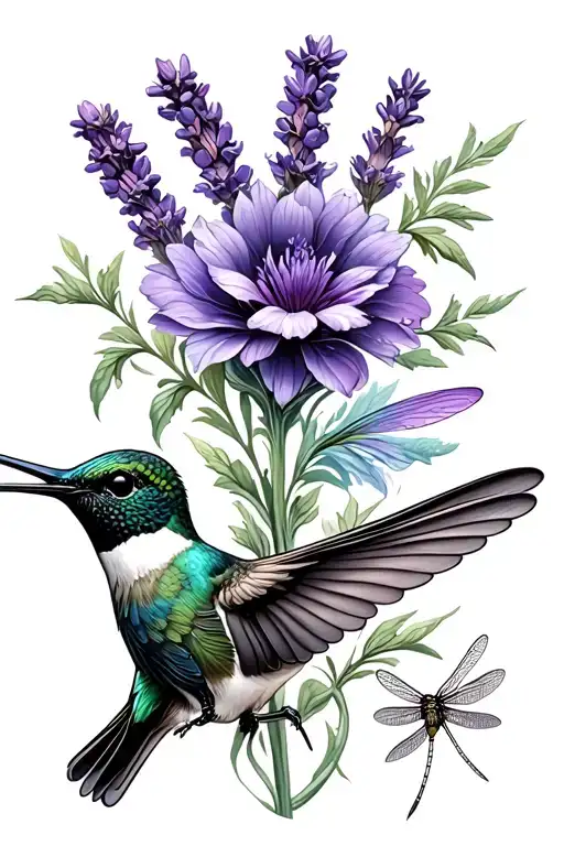 Hummingbird And Dragonfly With Lavender Flower