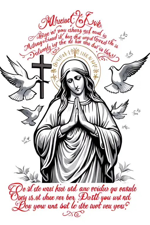 Mother Mary Praying With Cross And Doves Flying Bible Quote With Red Words