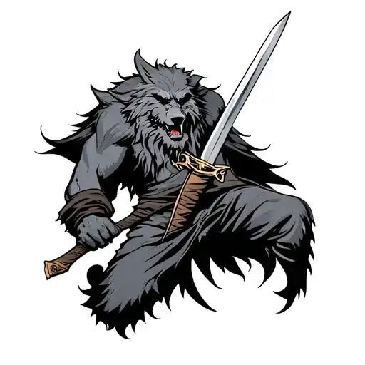 Aggrsive Wold Standing With Sword