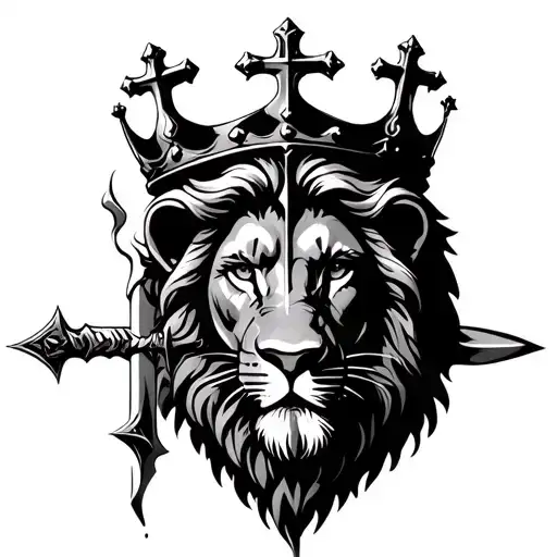 Lion And Jesus Christ With Crown With Cross In The Lions Eye And A Sword Spliting Both