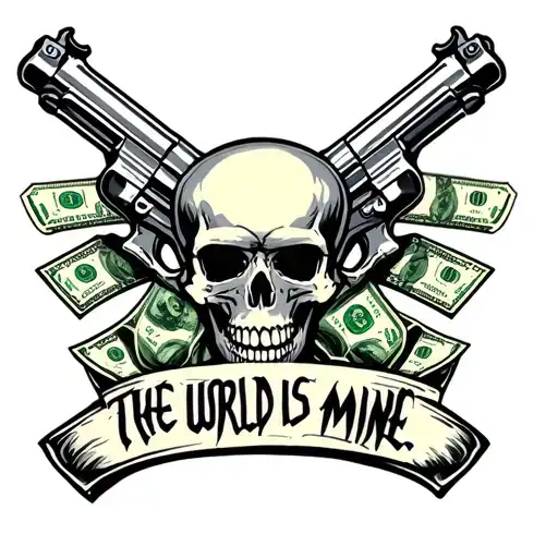 Skulls With Money And Guns Saying The World Is Mine