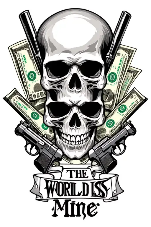 Skulls With Money And Guns Saying The World Is Mine