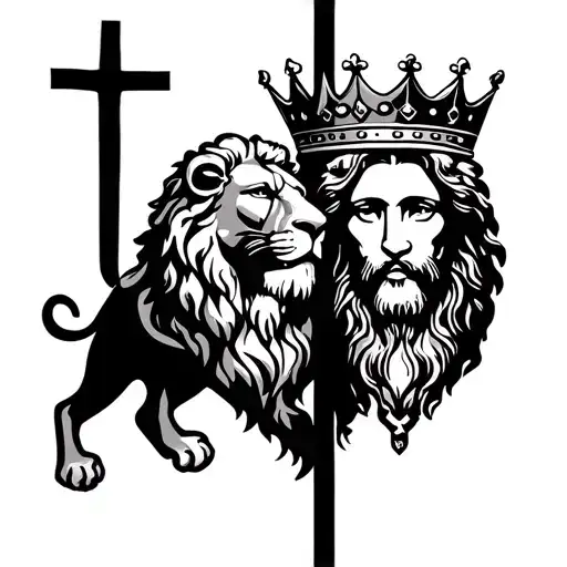 Lion And Jesus Christ With Crown With Cross In The Center