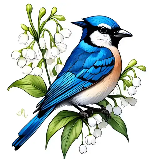 Line Work Lily Of The Valley With May Flower And Blue Jay Bird Rib