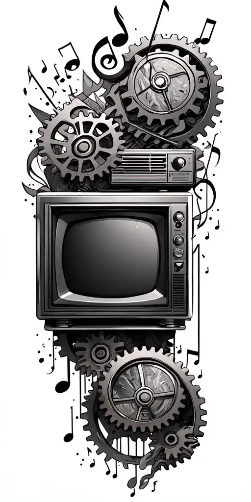 Combine A Tv Set With Musical Notes And Gears For A Unique Design